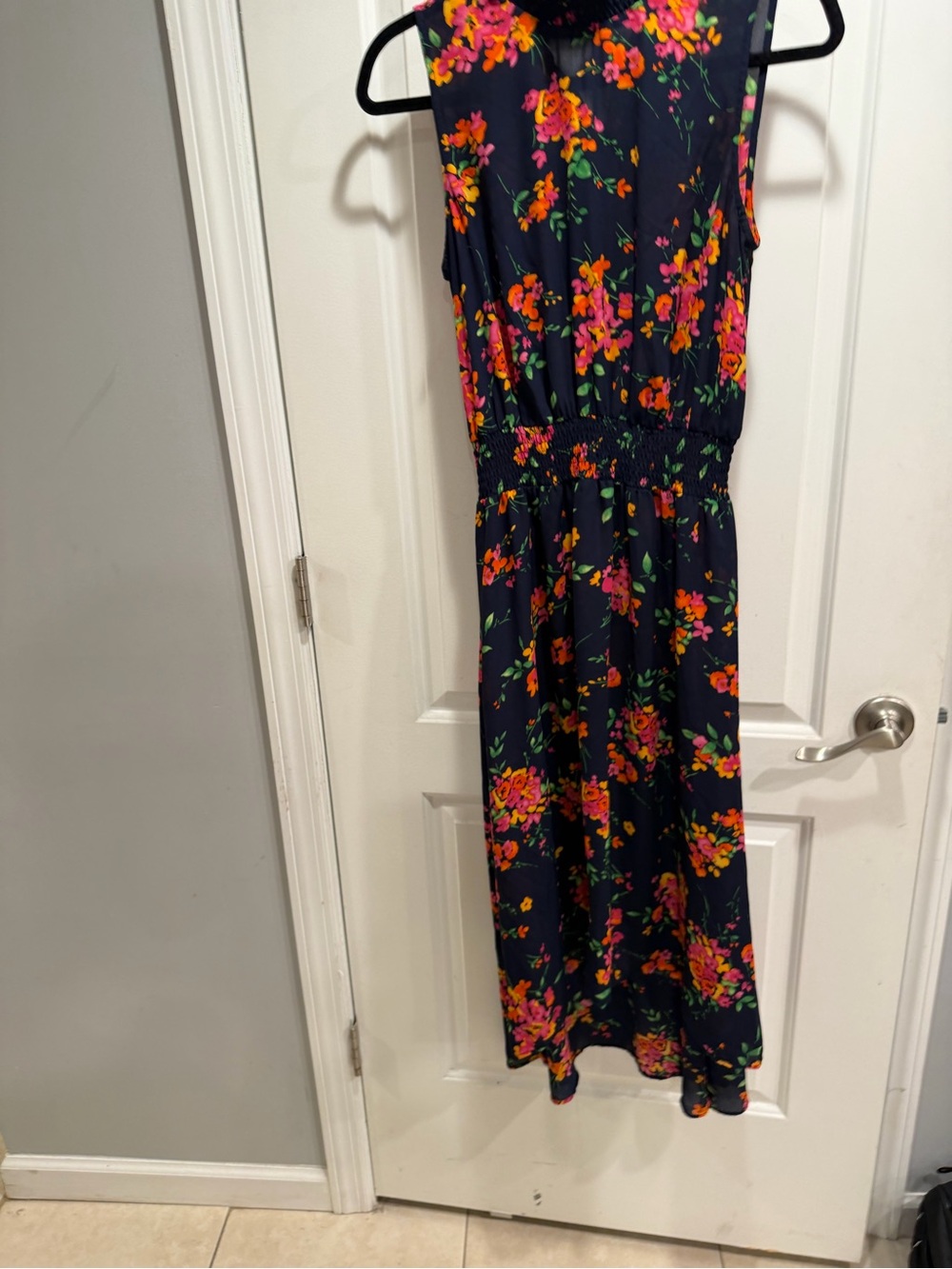 Nanette Lepore Size 8 Navy Floral Maxi Dress Smocked Waist High Neck Sleeveless